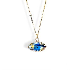 Blue Evil Eye Crystal Charm Necklace Gold plated 16" chain summer boho turkish